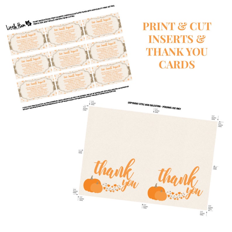 May include: Printable thank you cards with a fall theme. The cards feature a pumpkin design with the text "thank you" in orange. The cards are designed to be printed and cut out.