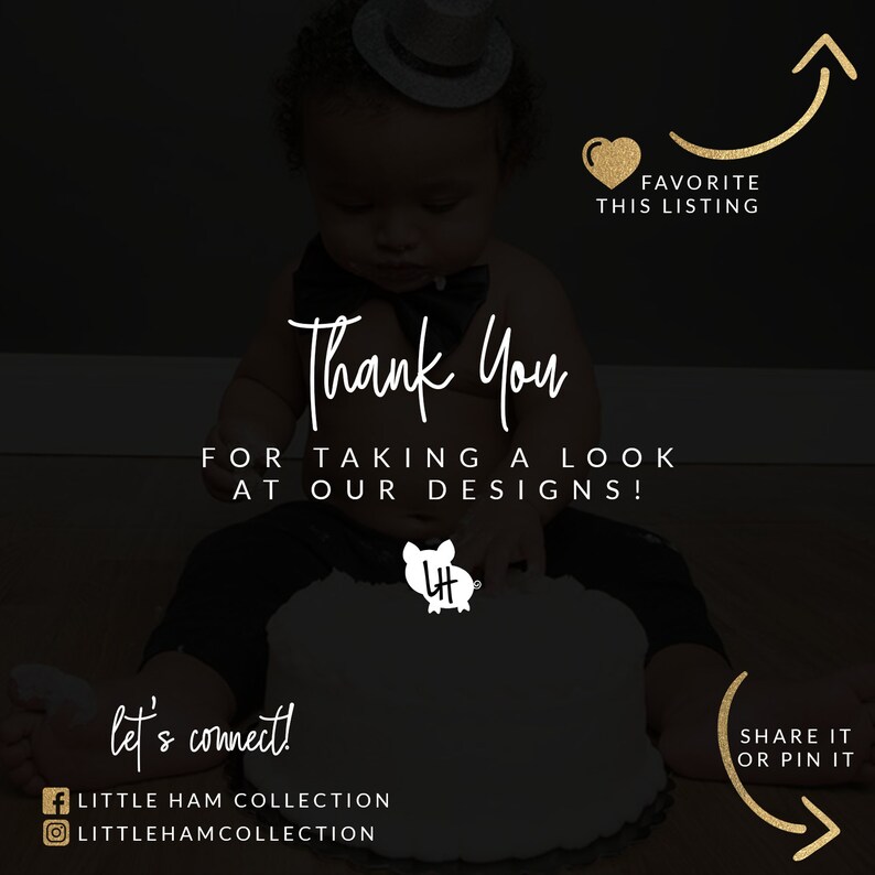 Puede incluir: Una ilustraci&oacute;n en blanco y negro de un cerdo con las letras LH dentro de un c&iacute;rculo. El texto "Thank You for taking a look at our designs!" est&aacute; escrito en letra cursiva blanca. El texto "Let's connect!" est&aacute; escrito en letra cursiva blanca. El texto "Little Ham Collection" est&aacute; escrito en blanco. El texto "Littlehamcollection" est&aacute; escrito en blanco. El texto "Share it or pin it" est&aacute; escrito en blanco. El texto "Favorite this listing" est&aacute; escrito en dorado. Un coraz&oacute;n dorado est&aacute; al lado del texto. Una flecha dorada apunta hacia la derecha.