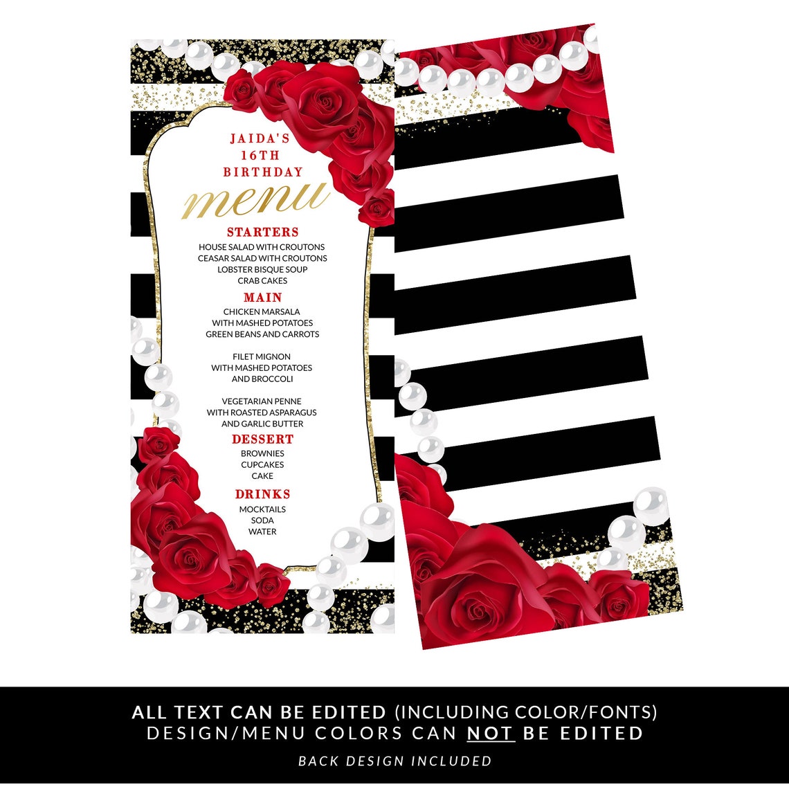 Red Roses Menu, Roses and Pearls Menu Card. Roses Printable Menu, Roses ...