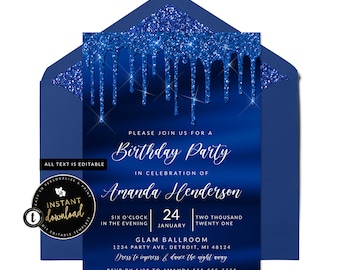 Dripping Blue Invitation, Blue Glitter Invitation, Glitter Drip Invitation, Blue Party Invitation, Blue Birthday Invite, Templett Invite