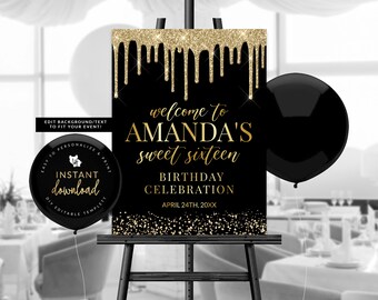 Gold Drip Welcome Sign, Glitter Dripping Gold Poster, Gold Glitter Drip Poster, Gold Poster, Editable Text and Background, Templett Sign