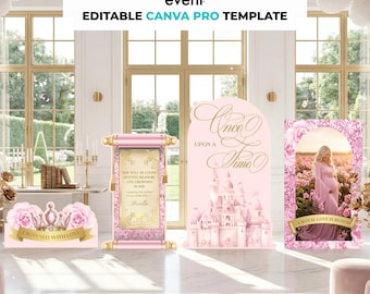 Princess Baby Shower Decor Bundle, Royal Baby Shower Decorations, Pink & Gold Princess, Printable Party Decor, Canva Pro Template