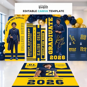 May include: A graduation-themed event display with navy blue and yellow accents. The display includes a banner with the text "Built for this moment" and "College Bound". There are also signs with the graduate's name and the year 2026. The display also includes a floor mat.