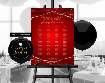 Red and Gold Agate Seating Chart Sign, Birthday Party Seating Chart, Wedding Seating Chart, Instant Download, Self Edit Digital Templett