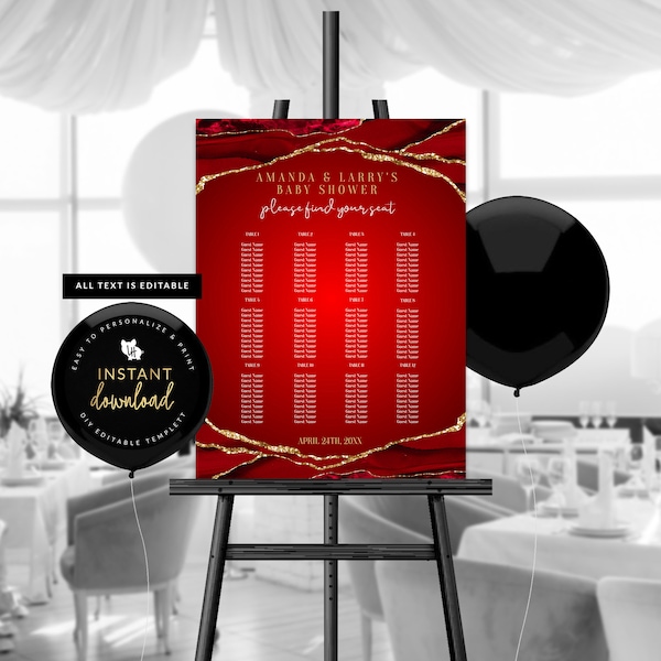Red and Gold Agate Seating Chart Sign, Birthday Party Seating Chart, Wedding Seating Chart, Instant Download, Self Edit Digital Templett