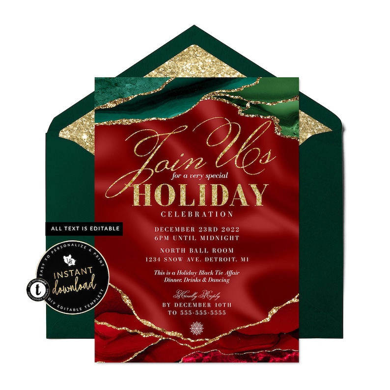 Op de afbeelding: Een rode en groene kerstfeestuitnodiging met gouden glitteraccenten. De uitnodiging luidt "Doe mee met ons voor een heel speciale kerstviering" en bevat details over het evenement, inclusief datum, tijd, locatie en RSVP-informatie.