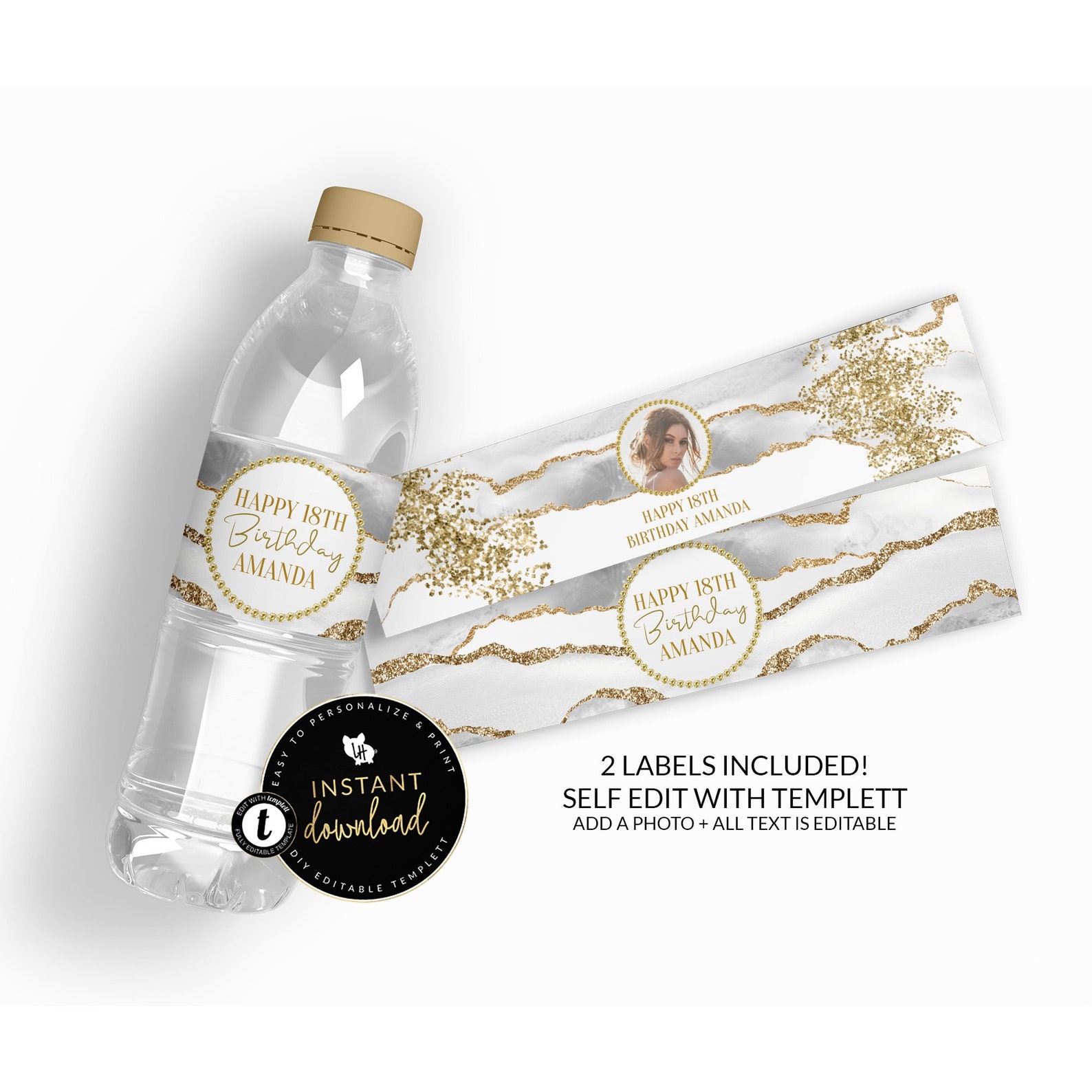 White and Gold Water Bottle Labels, White and Gold Agate Water Labels