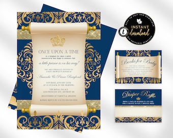 Puede incluir: Una invitación de baby shower azul y dorada con un diseño de rollo. La invitación dice "Érase una vez... ¡un pequeño príncipe está en camino!" e incluye los nombres "Amanda & Prince Braylond".