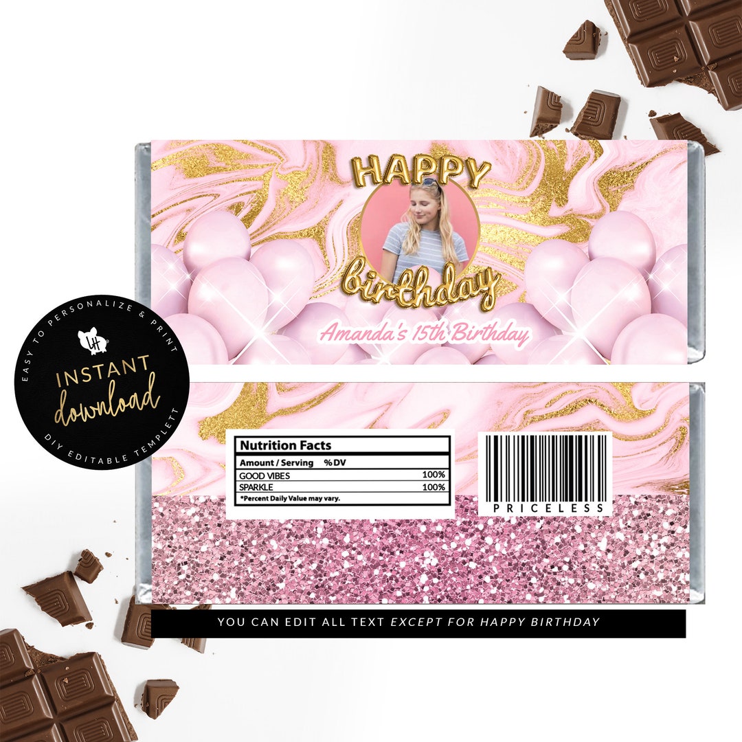Pink & Gold Marble Birthday Candy Bar Label, Pink and Gold Birthday ...