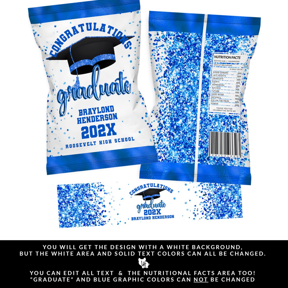 Blue Graduation Chip Bag, Graduation Water Label, Blue Graduation ...