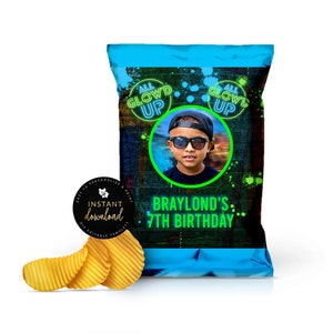 Photo Glow Party Chip Bags, All Glow&#39;d Up Snack Bag, Glow Party Printable, Neon Glow Party Favor, Instant download Chip Bag Templett