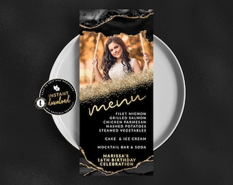 Black and Gold Photo Menu Card, Black and Gold Agate Menu, Black and Gold Menu, Instant Download, Black and Gold Self Edit Digital Templett