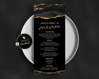 Black and Gold Menu Card, Black and Gold Agate Menu, Black and Gold Event Menu, Instant Download, Black and Gold Self Edit Digital Templett