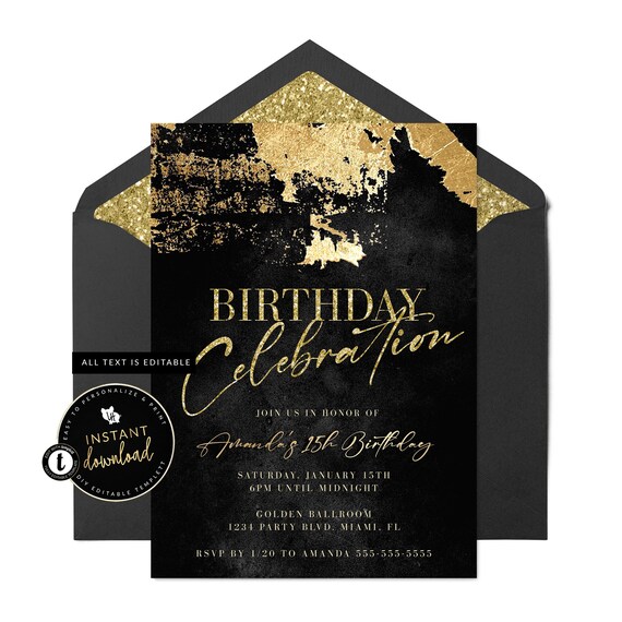 Black and Gold Invitation, Black and Gold Faux Foil Invite, Black and Gold Birthday, Gold Invitation, Instant Self Edit Digital Templett