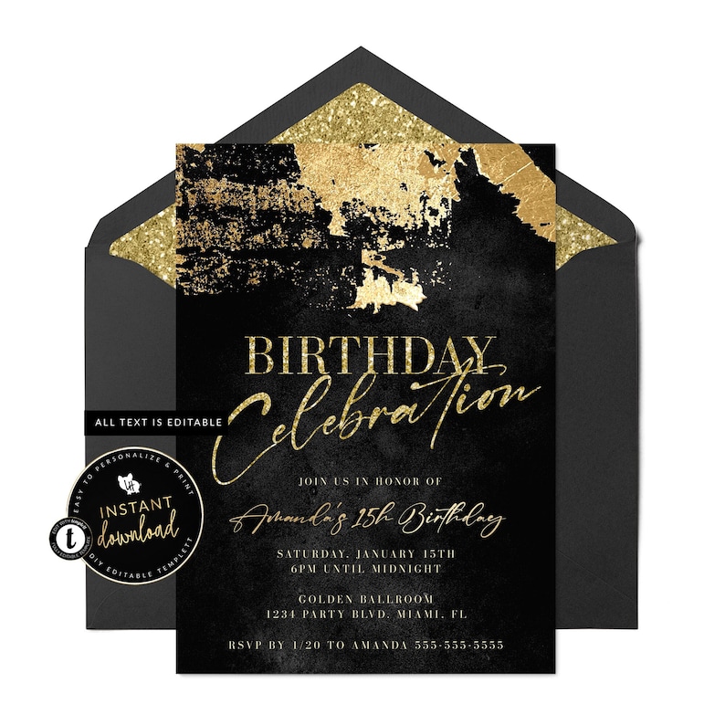 May include: Black and gold birthday party invitation with a gold glitter background and the text "Birthday Celebration" in gold lettering. The invitation includes the text "Join us in honor of Amanda's 15th Birthday" and details for the party, including the date, time, location, and RSVP information.