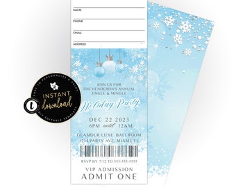 Blue Snowflake Ticket Invitation, Holiday Party, Holiday Ticket Invitation, Blue Christmas Invite, Editable Templett,