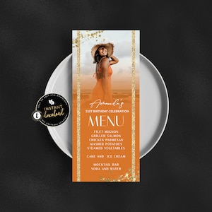 Carte de menu photo orange et or, menu orange, menu d'anniversaire orange et or, carte de menu orange, modèle numérique instantané