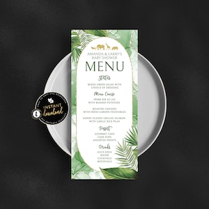 Safari-Babyparty-Menükarte, Tropisches Babypartymenü, Safari-Babyparty, Tropisches Greenery-Menü, Tropische Blätter, bearbeitbare Babyparty