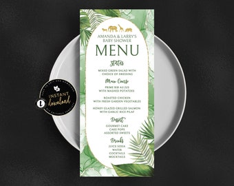 May include: A green and gold baby shower menu with a jungle theme. The menu lists the food and drinks that will be served at the event. The text on the menu reads "Amanda & Larry's Baby Shower Menu".