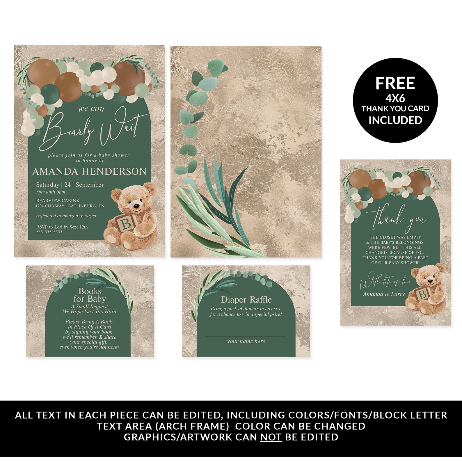 Greenery Teddy Bear Baby Shower Invitation Suite, We Can Bearly Wait ...