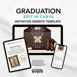Puede incluir: Una plantilla digital de invitación de graduación con las palabras "GRADUATION" y "EDIT IN CANVA". El diseño incluye una tableta, una computadora y un teléfono que muestran los detalles de la invitación, un birrete y botas de vaquero. La invitación es para Adeline Monroe.