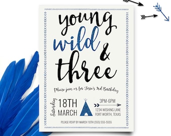Junge Wilde und drei Einladungen, Junge Junge Wilde und drei Geburtstags-, dritte Geburtstags-Einladung, Junge dritter Geburtstag, printable Einladung