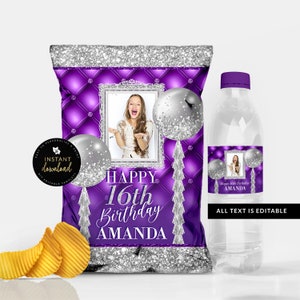 Purple and Silver Chip Bag, Purple and Silver Water Label, Purple Birthday Bundle, Purple Party Printables, Editable Download, Templett