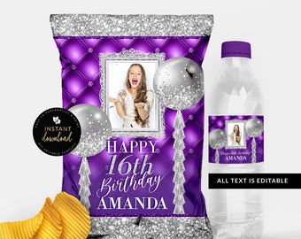 Purple and Silver Chip Bag, Purple and Silver Water Label, Purple Birthday Bundle, Purple Party Printables, Editable Download, Templett