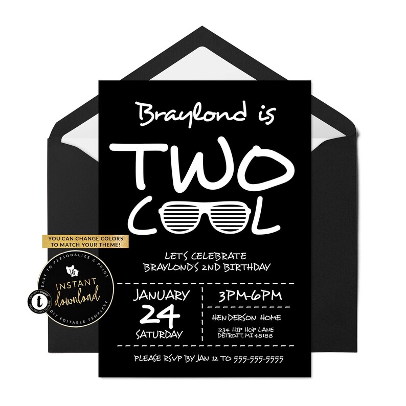 Two Cool Birthday Invitation, Second Birthday Invitation, Hip Hop Birthday Invitation, 2 Cool, Editable Invitation, Printable Invitation