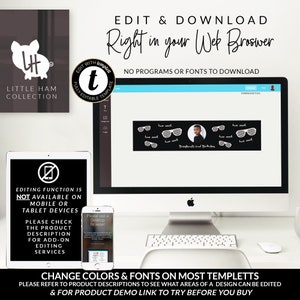 May include: A computer screen displaying a website with a banner that says "Edit & Download Right in your Web Browser". The banner is on a black background with white text. The website is for creating and editing digital templates. The website is called "Templett". The website is showing a sample template for a birthday banner with a photo of a child wearing sunglasses. The text on the banner says "Two Cool" and "Braxton's 2nd Birthday".