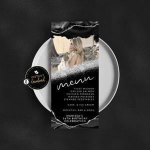 Tarjeta de menú con foto en negro y plata, menú de ágata en negro y plata, menú en negro y plata, descarga instantánea, plantilla digital autoeditable