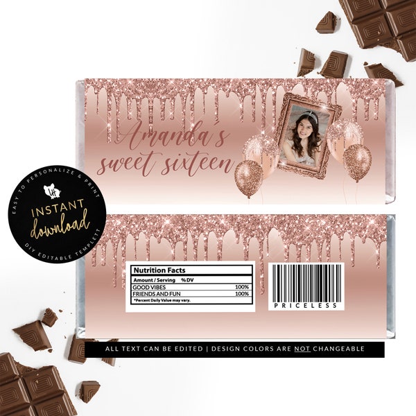 Rose Gold Drip Photo Candy Bar Label, Rose Gold Candy Bar Label, Rose Gold Party, Printable Candy Barr Labels, Instant Self Edit Templett