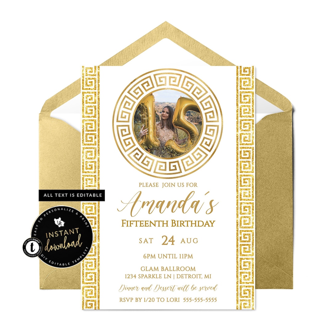 Gold Greek Key Invitation, Greek Birthday Invitation, Grecian
