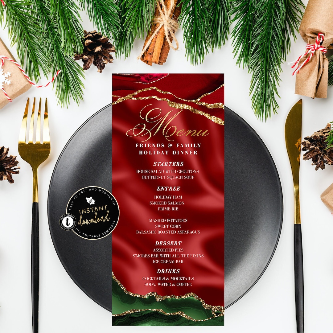 Christmas Menu Card, Elegant Christmas Dinner Menu, Agate Christmas
