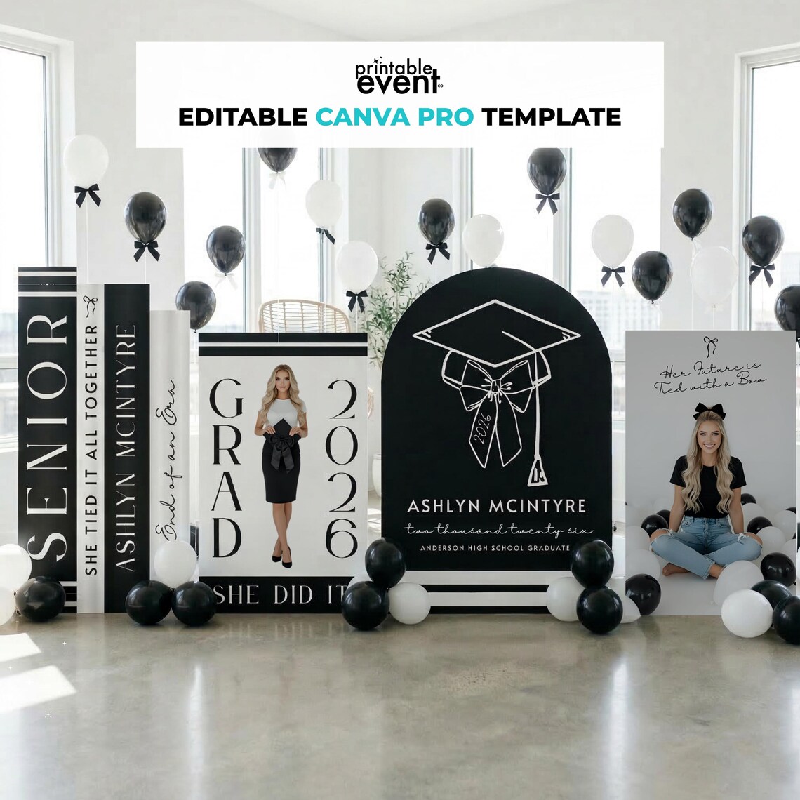 Graduation Decor Backdrop Template, Cap & Bow Photo Wall, Canva ...