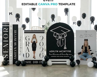 Graduation Decor Backdrop Template, Cap & Bow Photo Wall, Canva Editable (Digital Download)