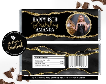 Black and Gold Candy Bar Label, Black and Gold Candy Cover, Black and Gold Birthday, Agate Birthday, Instant Download Digital Templett