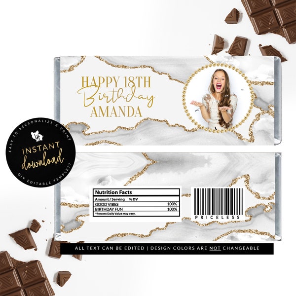 White and Gold Candy Bar Label, White and Gold Candy Cover, White and Gold Birthday, Agate Birthday, Instant Download Digital Templett