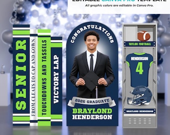 Customizable Sports Locker Graduation Backdrop Panels | Graduation Backdrop Decor | Football Player Graduation | Instant Canva Pro Template