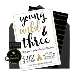 Invitación de &quot;Young Wild and Three&quot;, invitación para el tercer cumpleaños, invitación de &quot;Wild and Three&quot;, invitación digital instantánea con plantilla
