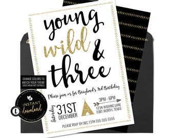 Young Wild and Three Invitation, Third Birthday Invite, Wild and Three Birthday, 3rd Birthday Invite, Instant Digital Templett Invitation