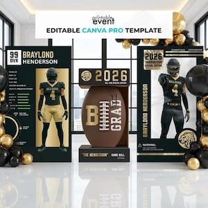 Plantilla personalizada para fondo de fútbol americano / Exhibición de atuendos de atletas / Decoración para la noche de graduación / Plantilla de Canva / Descarga digital