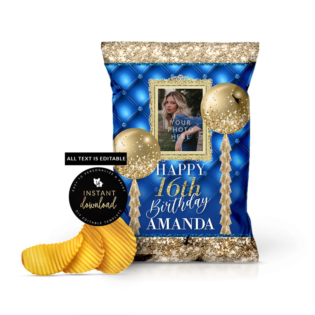 Blue and Gold Chip Bag, Chip Bag With Picture, Blue and Gold Birthday