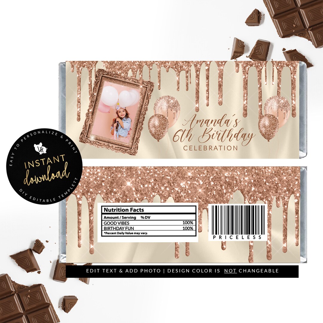 Rose Gold Drip Photo Candy Bar Label, Rose Gold Candy Bar Label, Rose Gold Party, Printable
