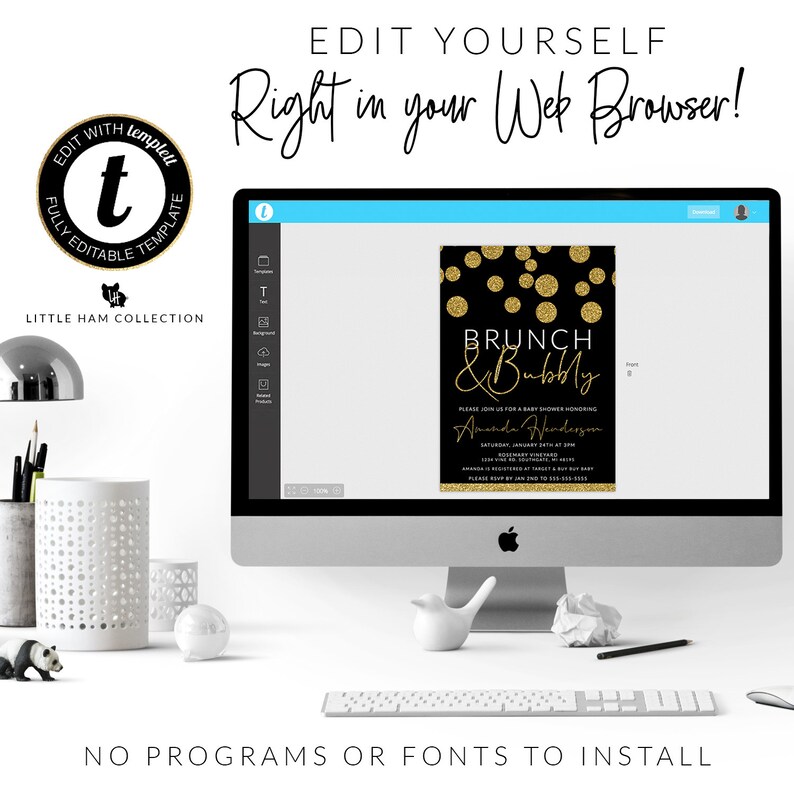 Puede incluir: Una pantalla de ordenador que muestra una invitaci&oacute;n de baby shower negra y dorada con detalles de purpurina dorada. La invitaci&oacute;n dice "Brunch & Bubbly" e incluye el nombre "Amanda Henderson". El texto "Edit Yourself Right in Your Web Browser!" se muestra encima de la pantalla del ordenador.