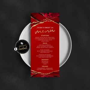 Menù rosso e oro, Menù rosso, Menù agata rosso e oro, Compleanno rosso, Menù rosso e oro 4x9, Menù evento rosso, Download immediato Templett