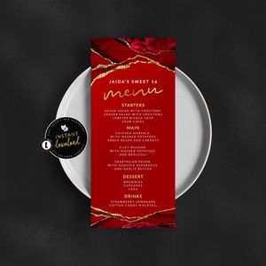 Red and Gold Menu Card, Red Menu, Red and Gold agate Menu, Red Birthday, Red and Gold 4x9 Menu, Red Event Menu, Instant Download Templett