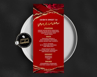Red and Gold Menu Card, Red Menu, Red and Gold agate Menu, Red Birthday, Red and Gold 4x9 Menu, Red Event Menu, Instant Download Templett