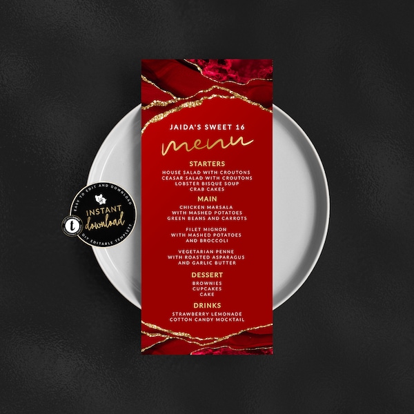 Red and Gold Menu Card, Red Menu, Red and Gold agate Menu, Red Birthday, Red and Gold 4x9 Menu, Red Event Menu, Instant Download Templett