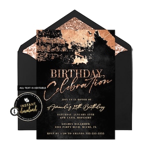 Black and Rose Gold Invitation, Black and Rose Gold Birthday, Rose Gold Invite, Elegant Birthday Invite, Instant Self Edit Digital Templett
